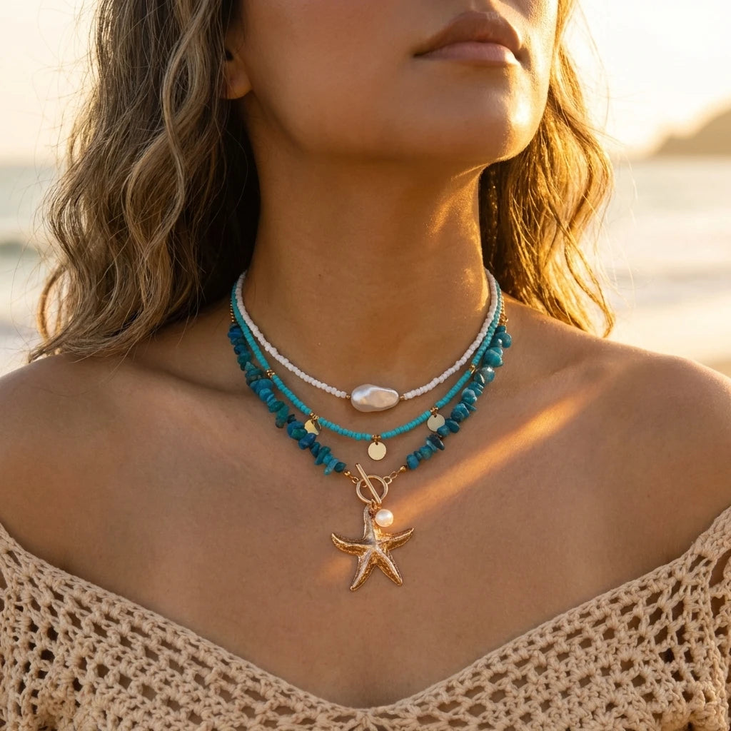 Böhmische Vintage Muschel Seestern Schildkröte Mehrschichtige Halskette für Frauen Ethnische Handgemachte Blaue Perlenketten Sommer Strand Schmuck So ist Leben