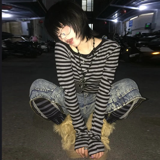 Genayooa Japanisches Y2k-T-Shirt für Damen, langärmelig, schulterfrei, gestreift, Crop-Tops, Y2k-Grunge, 2000er-Jahre, ästhetische Streetwear-T-Shirts So ist Leben