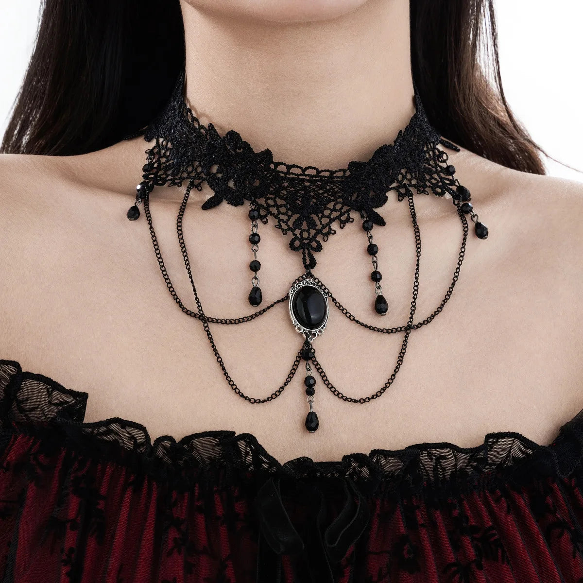 Schwarze Spitze Schlüsselbeinkette, Vintage Kreuz Kristall Perlen Quaste Halskette, Halloween Kragen Zubehör So ist Leben