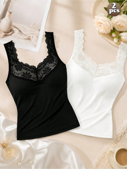 2-teiliges Camisole-Weste-Set mit Spitzenkragen und integriertem BH, einfarbige, ärmellose, weiche Damenunterwäsche, Sommer-Reise-Essentials-Weste-Set, S So ist Leben