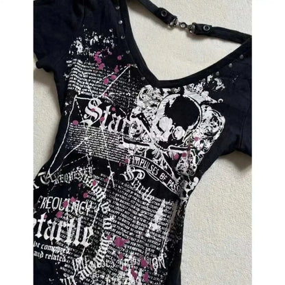 Harajuku Y2k Goth Frau Grafik T-Shirts Vintage Punk rückenfreie Shirts 90er Jahre süße heiße Mädchen Grunge T-Shirts Crop Top Baby Tees Sexy So ist Leben