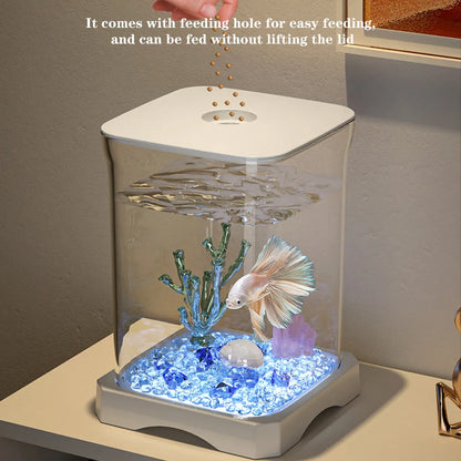 Aquarium Starter Kit Mini Desktop Rechteckiges Aquarium mit oberes Futterloch mit unten Licht Tischdekoration für Betta So ist Leben