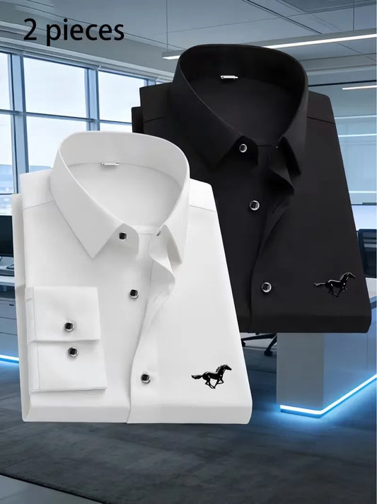 2 Stück Herren Business Casual Langarmhemden mit schwarzem Pferdemuster, Premium Business Casual Hemd, Slim Fit, Langarm, 5 Farben So ist Leben