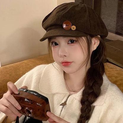 RICYGVM Retro Knopf Cord Achteckige Kappe Für Frauen Maler Künstler Hut Japanische Mädchen Braun Schirmmützen Herbst Winter Berets So ist Leben