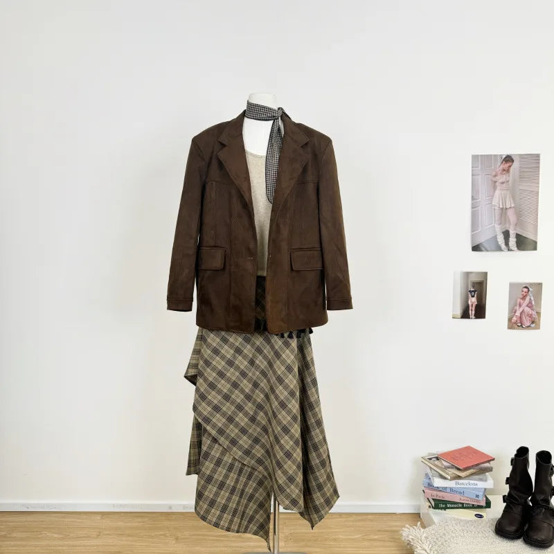 Dunkelbraune Damen-Anzugjacke aus Wildleder, amerikanischer Retro-Stil, lässige Mode, gestricktes Polyester, mittelverdickter Langarmmantel So ist Leben