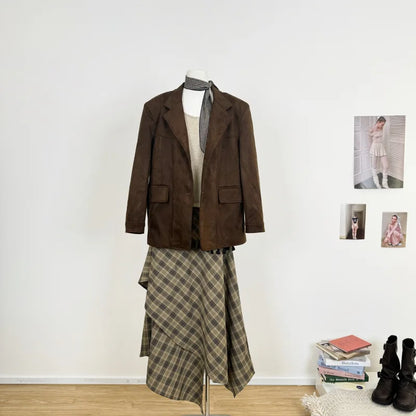 Dunkelbraune Damen-Anzugjacke aus Wildleder, amerikanischer Retro-Stil, lässige Mode, gestricktes Polyester, mittelverdickter Langarmmantel So ist Leben