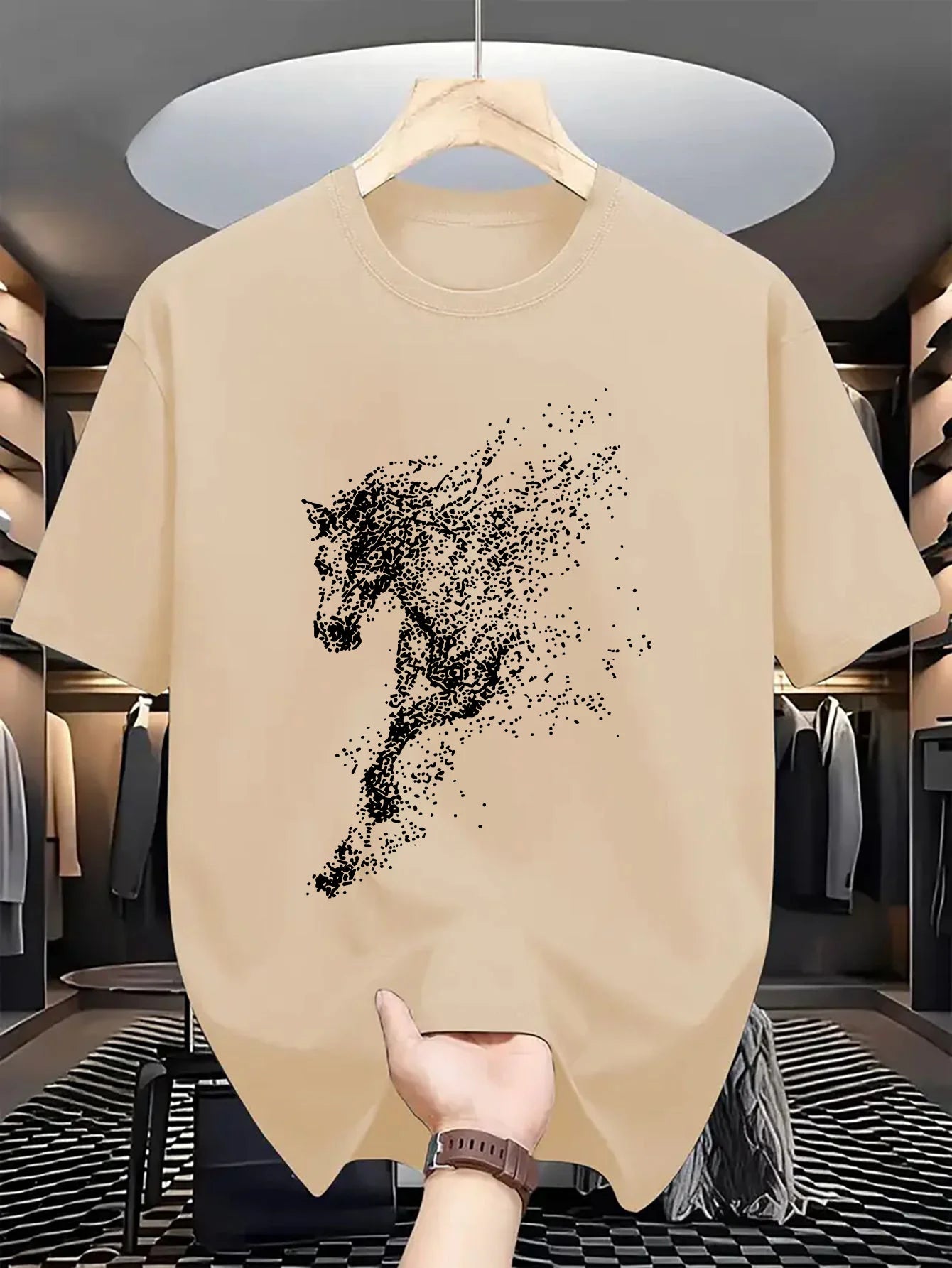 Abstrakter Partikel-Pferdesilhouetten-Druck auf hochwertigem, weichem Herren-T-Shirt aus 100 % Baumwolle, perfekt für Sommer-Streetwear und lässigen Stil So ist Leben