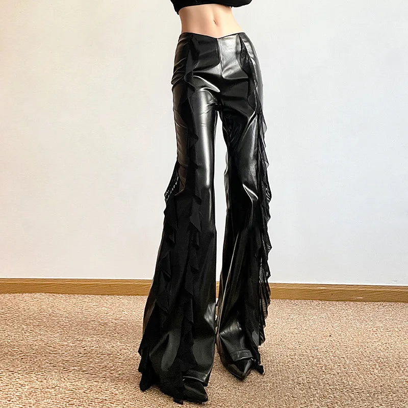 Goth Dark Streetwear Faux Pu Patchwork Mesh Hose mit hoher Taille Mall Gothic Zip Frauen Casual Flare Hosen Punk-Stil Alt Bottoms So ist Leben