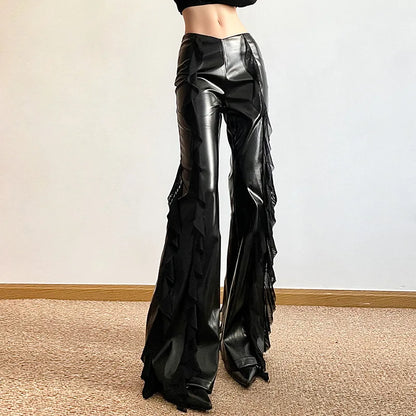 Goth Dark Streetwear Faux Pu Patchwork Mesh Hose mit hoher Taille Mall Gothic Zip Frauen Casual Flare Hosen Punk-Stil Alt Bottoms So ist Leben
