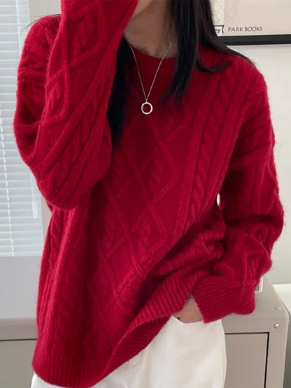 Pullover Frau Winter 2023 Rundhals Bodenbildung Twist Pullover Faul Wind Lose Beiläufige Stricken Pullover Langarm Pullover Jumper So ist Leben