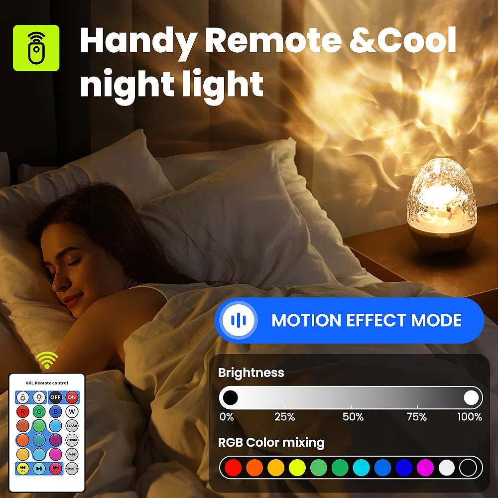 Aurora- oder Ocean Wave-Projektorlampe mit Fernbedienung, Musiklautsprechermodus, RGB-Farbeffekte, wiederaufladbares Licht als Raumgeschenk So ist Leben