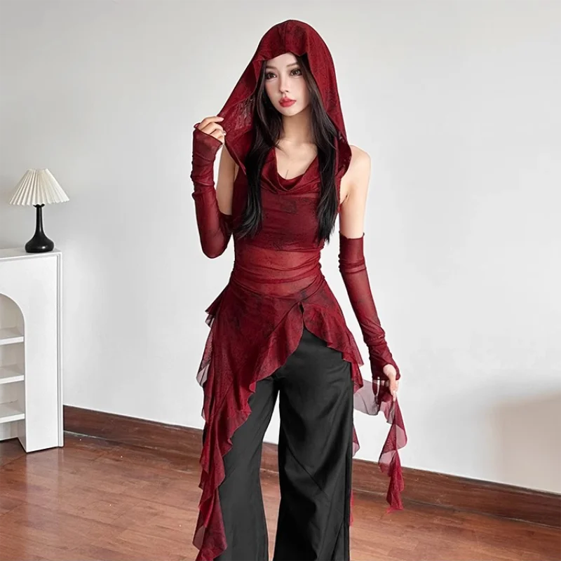 Gothic Mesh Top mit Kapuze – Modernes Y2K Design - So ist Leben