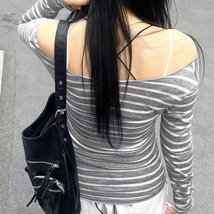 Y2K Damen Off-Shoulder Gestreiftes Langarm-Oberteil mit Kontrast-Halsausschnitt, Slim Fit, Retro Street Casual Layering T-Shirt So ist Leben