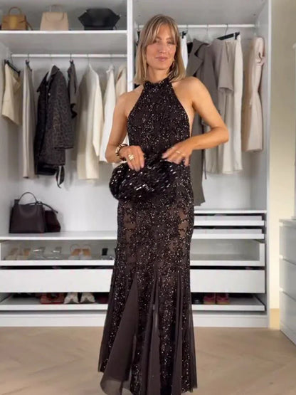 HH Damen Neues Modisches Abendkleid Sommer Ärmellos Rückenfrei Pailletten Bestickt Neckholder Dekoration Sexy Langes Kleid So ist Leben