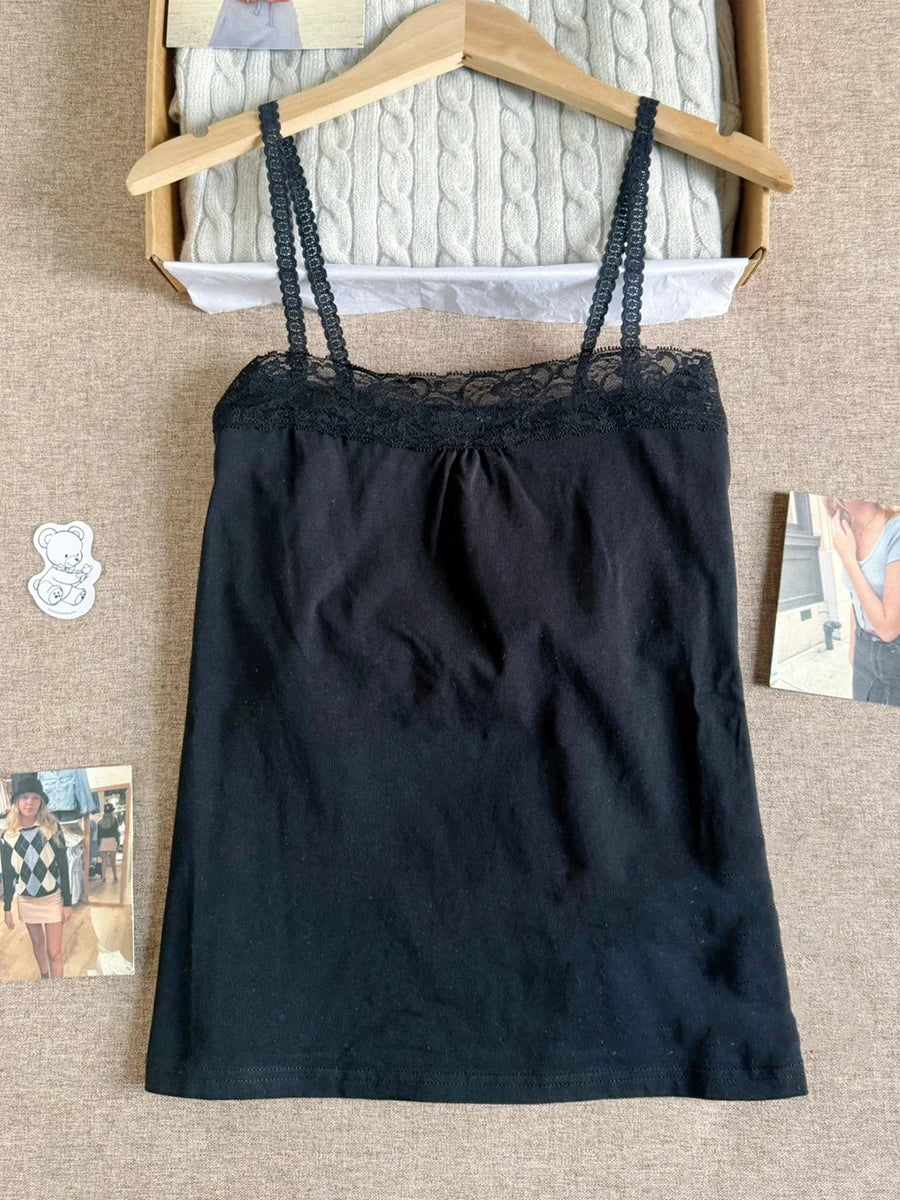 Süße Spitze Patchwork Schlank Tank Tops Frauen Sommer Weiß Sexy Einfache Baumwolle Weiche Ärmellose Westen Weibliche Vintage Chic Y2K Leibchen So ist Leben