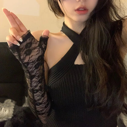 Mesh Fishnet Bowknot Lange Handschuhe für Frauen Spitze Rüschen Fingerlose Handschuhe Fäustlinge JK Lolita Kawaii Weiße Handschuhe UV-Schutz Y2k So ist Leben