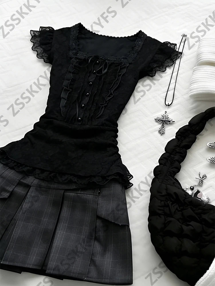 Damen Sexy Spitzen-Vintage-T-Shirts in Schwarz, Sommermode, K-Pop-Party, Elegante Kleidung, T-Shirts im 2000er-Jahre-Stil, Kawaii Y2K Schleife Grunge Goth Oberteile So ist Leben