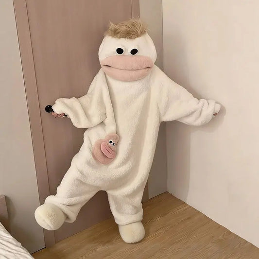 Lustiger abstrakter Hässlicher Fisch mit Haaren Loungewear für Männer und Frauen Jumpsuit Big Mouth Monster Pyjamas Winter Coral Fleece mit Hausschuhen So ist Leben