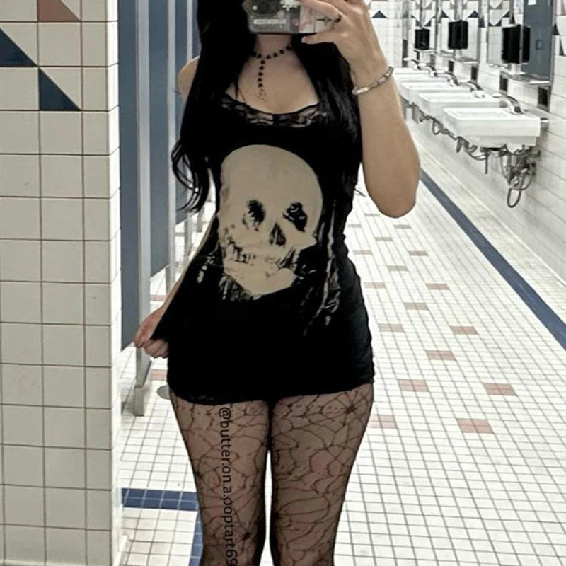 2024 neue Retro Punk Gothic Kleid Frauen Streetwear Harajuku Schädel gedruckt ärmellose hohe Taille Bodycon Kleid Grunge Rave Outfits So ist Leben