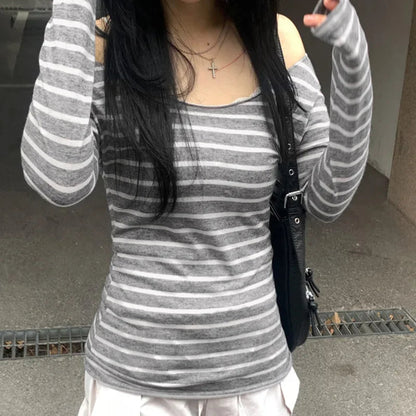 Frühling Herbst Damen Neue japanische Grundmodelle Schlankes langärmeliges gestreiftes T-Shirt Trägerloses koreanisches Street Style y2k dünne Tops So ist Leben