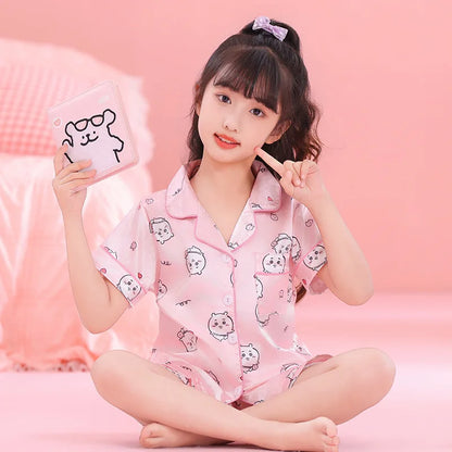 Anime 2Pcs Hallo Kitty Kuromi Kinder Pyjama Sets Sanrios Cartoon Mädchen Eis Seide Revers Kurzarm T-Shirt Tops Hosen pijamas Set