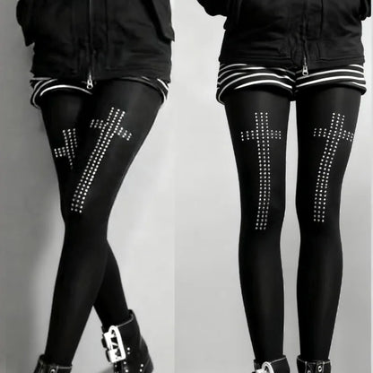 Gothic Vintage Strass Kreuz Strumpfhosen Hosen Spicy Girls Schwarz Ästhetik Hip-Hop Straße Casual Frauen Y2K Cosplay Strumpfhosen So ist Leben
